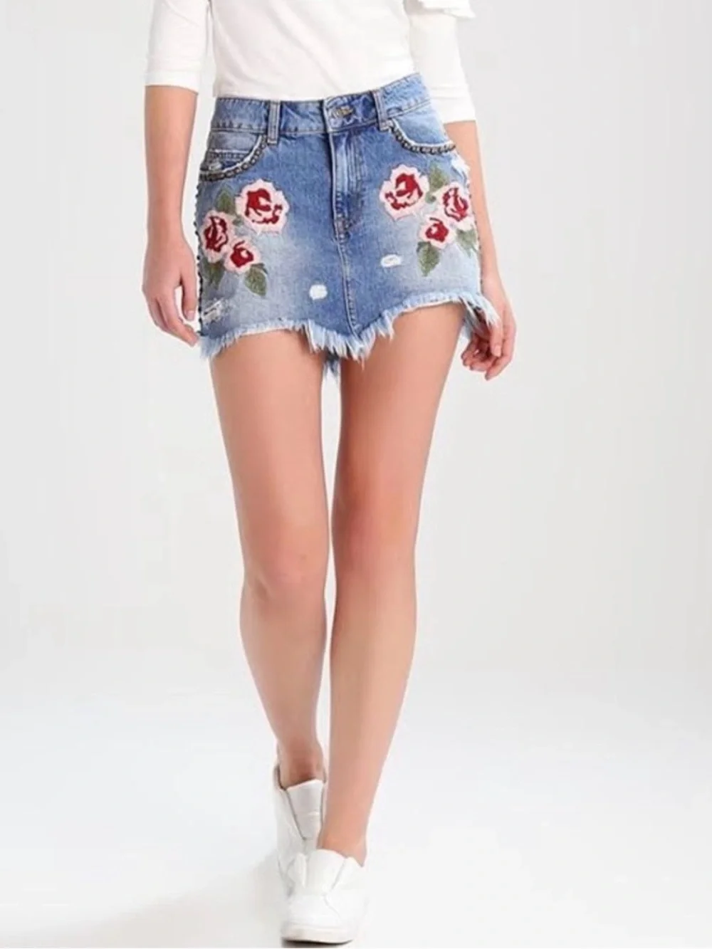 Free People Embroidered Floral Denim Mini Skirt